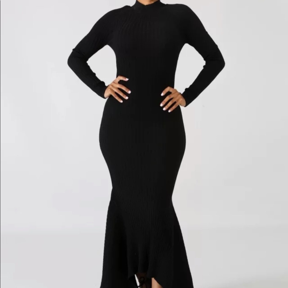 Black Mock Turtle Neck Midi Long Sleeve Maxi Dress